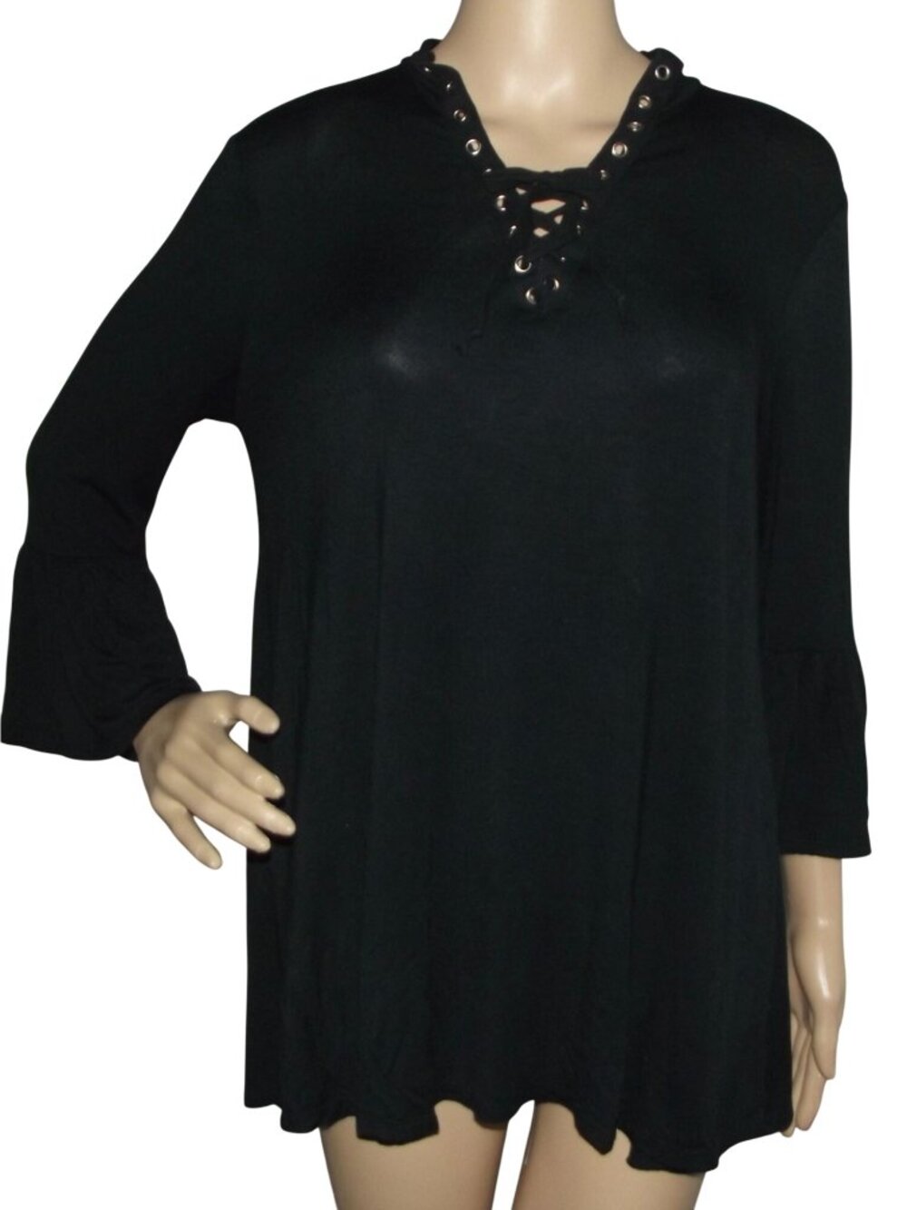 Gaze USA Tunic Top Womens Size Medium Black long lace up v-neck bell sleeve